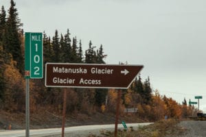 Look for the Matanuska Glacier Glacier Access sign at Mile 102 of Glenn Highway
